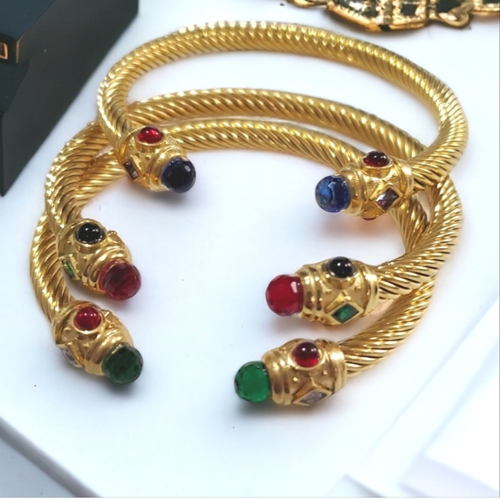 Luxury Byzantine Gold Twisted Cable Crystal Bracelet Cuff